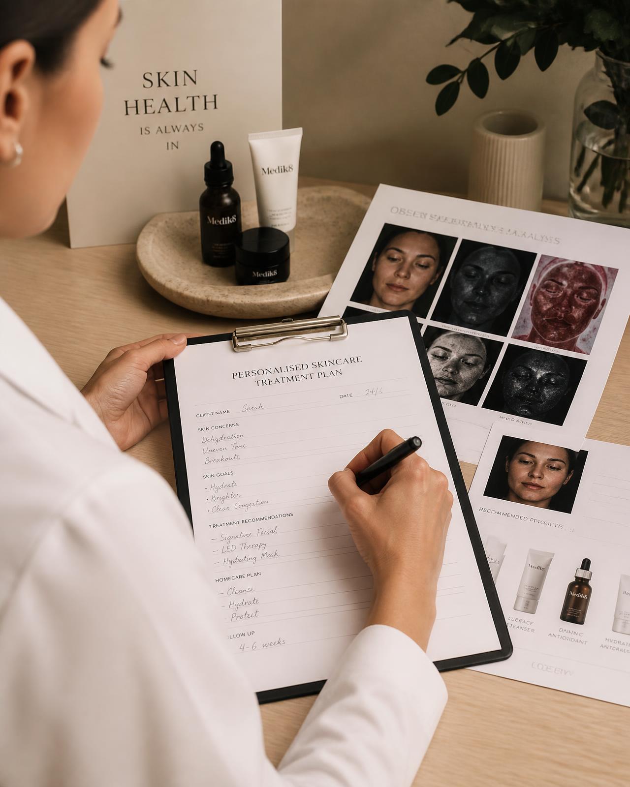 Practitioner writing a personalised pigmentation treatment plan